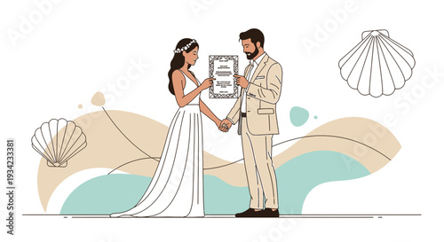 Wedding Couple Holding Certificate with Seashells and Abstract Shapes