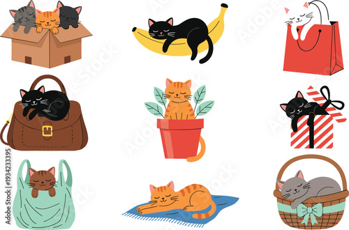Cute Cats in Everyday Objects Illustration Set with Kittens in Box, Bag, Basket, Plant Pot and Banana for Fun Pet Designs