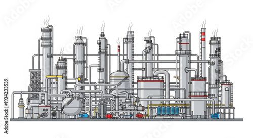 Industrial Plant Diagram with Pipes and Towers.