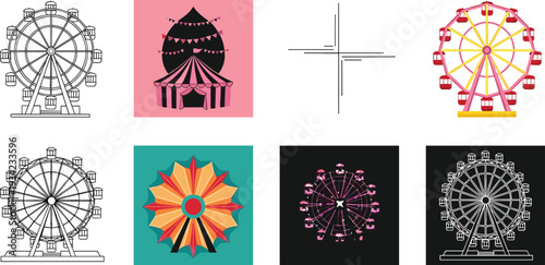 Ferris Wheel Icon and Illustration Set with Carnival Tent, Amusement Park Ride Variations and Line Art Designs