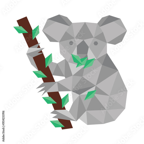 polygonal low poly Koala bear A koala clinging to a tree branch eating Eucalyptus leaves cartoon vector