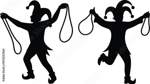 Mardi Gras jester silhouettes holding beads, festive carnival performers in traditional costumes, joyful dancing celebration figures, whimsical entertainment art
