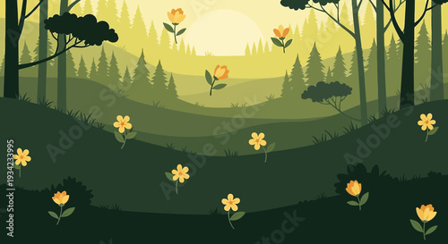 Whimsical Forest Landscape with Flowers and Sunrise - Nature Illustration