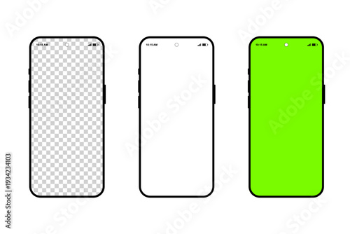 Mockup Set Three modern smartphones with blank transparent, white and green chroma key screens on white background