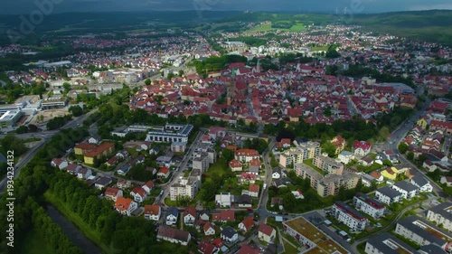 An aerial panorama view above the old town of the city Neumarkt in der Oberpfalz in Bavaria, Germany on a sunny summer noon