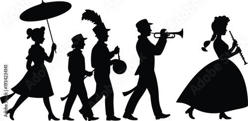 Parade Musicians and Dancers Silhouette Vector Illustration with Umbrella, Trumpet, and Flute Performers Isolated on Light Background