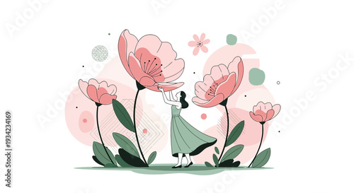 Whimsical Woman Admiring Giant Pink Flowers: Spring Bloom Illustration