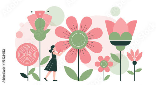 Whimsical Woman Tending to Oversized Abstract Flowers in Pastel Colors