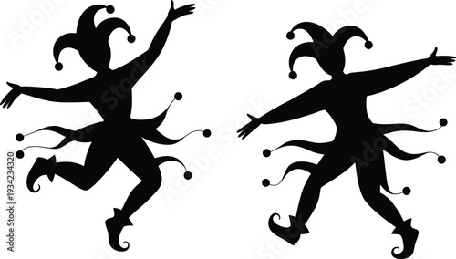 Playful black jester silhouettes in dynamic dance and leaping poses, festive medieval clown costumes, carnival entertainment, whimsical performance art, fantasy celebration illustration design