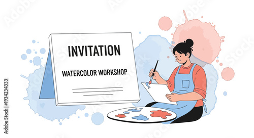 Watercolor Workshop Invitation Design: Artist Painting Flowers