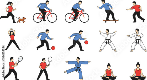 Active People Sport Activities Illustration Set with Running, Cycling, Skateboarding, Tennis, Karate and Yoga Poses Isolated on White