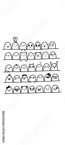 Illustration of assorted figurines on multiple shelves viewed from the front