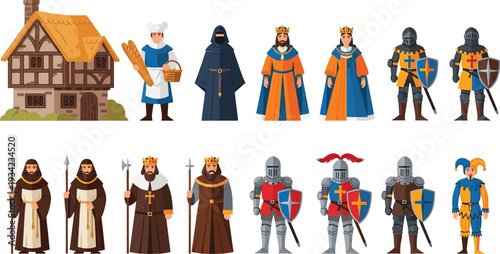 Medieval Characters and Knights Illustration Set with King, Queen, Monks, Soldiers and Village House for Historical Fantasy Design