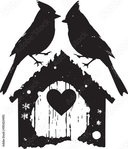 Vector illustration of two birds on a heart-shaped birdhouse with snowflakes
