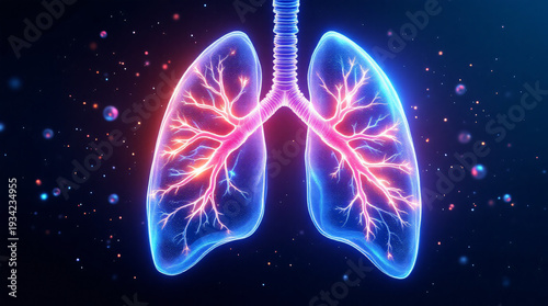 A glowing, translucent digital rendering of human lungs and trachea with illuminated bronchioles against a dark, particle-filled background.