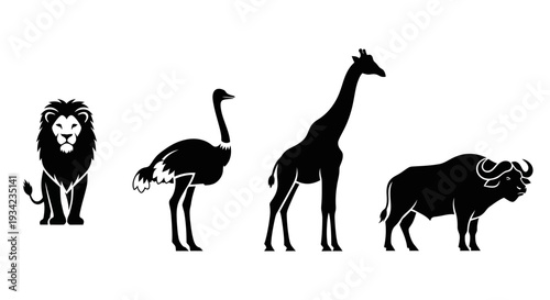 African Wildlife Silhouettes: Lion, Ostrich, Giraffe, and Buffalo Set