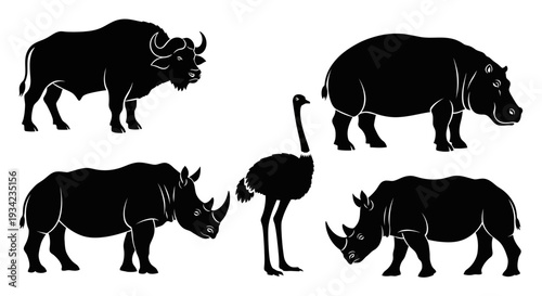African wildlife silhouettes set: buffalo, hippo, rhino, and ostrich vector collection