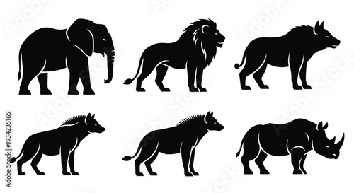 African Wildlife Silhouettes Set: Elephant, Lion, Hyena, Rhino, and Wild Boar Icons