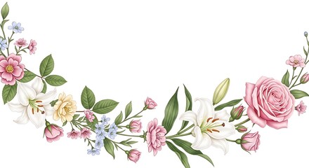 Beautiful floral border with pink roses white lilies and colorful flowers on white background for decoration