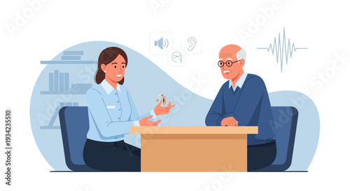 Audiologist examines senior patient's hearing aid in medical office