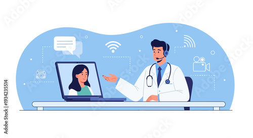 Doctor Consults Patient Online via Video Call, Telemedicine Concept