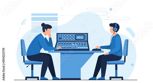 Sound Engineers Working Together at Audio Mixing Console, Music Production Studio