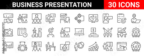 Modern business presentation line icons set corporate reports, marketing slides, startup pitch decks and professional dashboards. Clean outline icons with editable stroke
