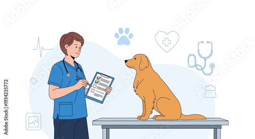 Veterinarian Examining Golden Retriever Dog with Medical Icons