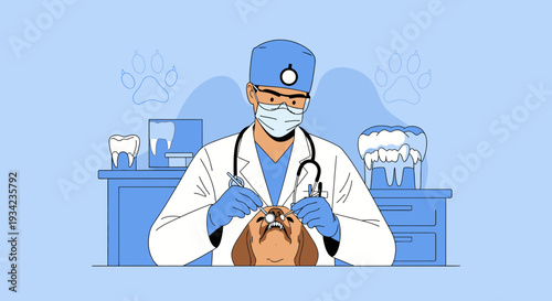 Veterinarian performing dental check-up on dog in clinic, illustration