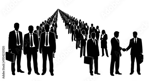 Business People Silhouettes Forming Converging Lines.