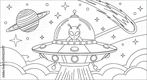 Cute Alien in UFO Spaceship Coloring Page with Planets, Stars and Comet Black and White Outline Activity Sheet for Kids