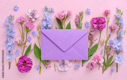 A lavender envelope is surrounded by an arrangement of pink, purple, and light blue flowers on a pastel pink background.