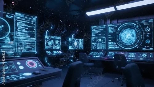 Futuristic Control Room with Multiple Screens and Workstations.