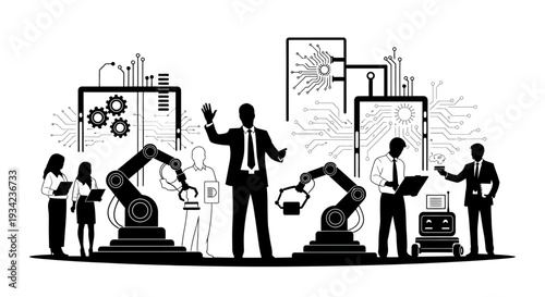 Business Professionals Interacting with Robots and Technology.