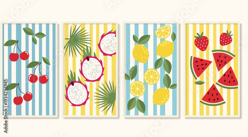 Vibrant fruit illustrations on colorful striped backgrounds with cherries, dragon fruit, lemons, strawberries, and watermelon slices