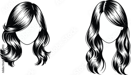 Black and white hairstyle illustration showing medium layered waves with side part and long flowing waves with center part, representing fashion, beauty, and hair design