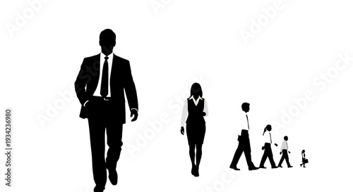 Businessman Leading Family Silhouettes Walking Together.