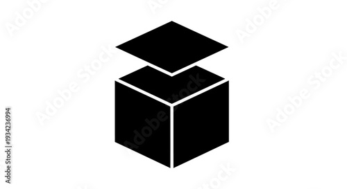 Isometric box with floating top, simple black and white icon.