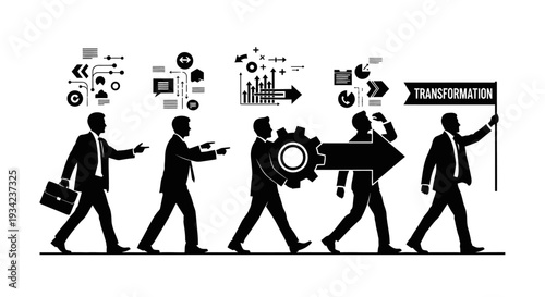 Businessmen Walking with Business Icons and Transformation.