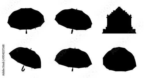 Collection of Silhouetted Umbrellas in Various Positions.