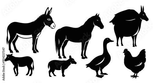 Collection of Farm Animals Silhouettes: Domestic Livestock Vector Icons Set