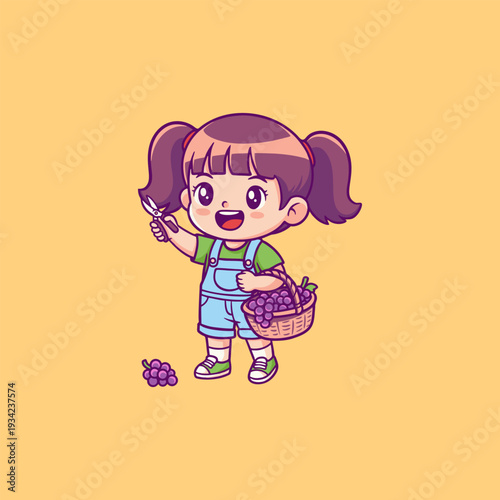 A Cartoon Girl Picking Grapes