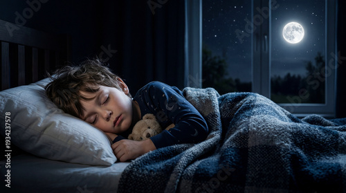Cute boy sleeps with teddy bear moonlit night.