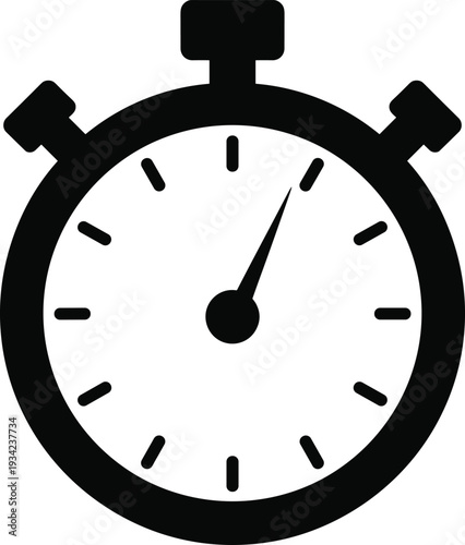 Stopwatch icon silhouette, timer clock symbol, time measurement concept, speed performance indicator, black minimalist vector illustration isolated on white