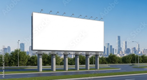A Professional Outdoor Billboard Mockup with Blank Advertising Space in a Modern City Skyline Urban Environment for Marketing Use

