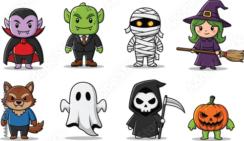 artoon illustration of eight Halloween characters including vampire, monster, mummy, witch, werewolf, ghost, grim reaper, and jack‑o’‑lantern, 