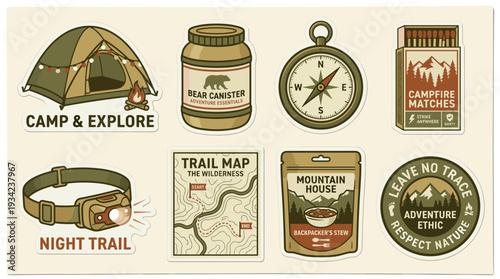 Camping Outdoor Adventure Gear Set Wilderness Exploration Isolated background