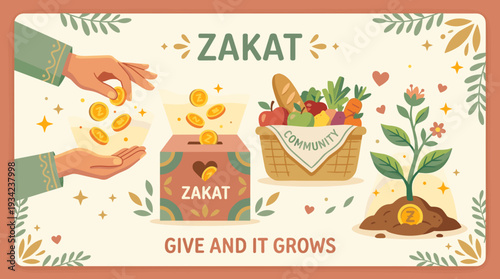 Zakat Islamic Charity Donation Giving Community Support Concept with vector illustration