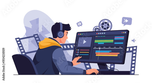Video Editor Working on Computer, Editing Footage with Timeline and Tools