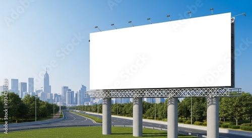 A Professional Outdoor Billboard Mockup with Blank Advertising Space in a Modern City Skyline Urban Environment for Marketing Use
